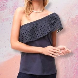 LOFT Grey One Shoulder Ruffle Eyelet Top Blouse